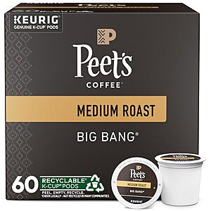 Peet's Coffee K-Cup Pods & Whole Beans: 60-Count Big Bang K-cup (Medium Roast) $23.75, 18-Oz Major Dickason Whole Bean (Dark Roast) $7.90 & More w/ S&S + FS w/ Prime or on $35+