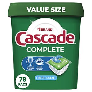78-Count Cascade Complete Dishwasher Detergent Pods (Fresh Scent) +$10.50 promotional credit $15.39 w/ 15% Subscribe & Save
