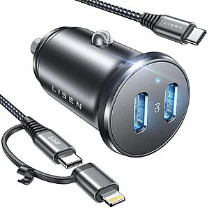 LISEN 30W+30W 2-Port USB-C Car Charger Adapter w/ 3.3' USB-C to USB-C/Lightning Cable $6.96 + FS w/ Prime
