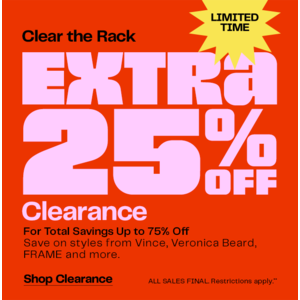 Nordstrom Rack Clear The Rack: Extra 25% Off Select Men's, Women's & Kids' Red-Tag Clearance Items + Free Shipping on $89+