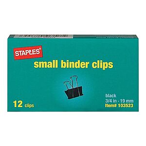 12-Pack Staples Small Binder Clips (Black) $0.40 + Free Shipping