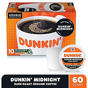 60-Count Dunkin' Midnight Dark Roast Coffee K-Cup Coffee Pods $19.45 w/ S&S + Free S&H