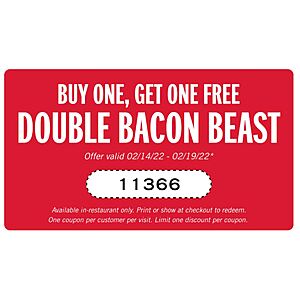 Carl's Jr: Buy a Double Bacon Beast Burger Get One Free - Feb 14 - 19, 2022