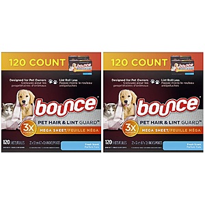 120-Ct Bounce Pet Hair & Lint Guard Mega Dryer Sheets (Fresh) 2 for $10.20 ($5.10 each) w/ S&S + Free Shipping w/ Prime or on $25+