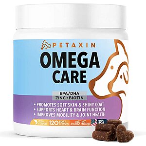 Petaxin Omega Fish Oil for Dog Skin & Coat Supplement Soft Chews: 1-Pack 120-Count $8.40, 2-Pack 120-Count $15, 3 Pack 120-Count $21 + Free Shipping