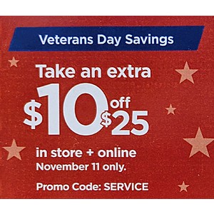 Kohl's $10 off $25 Veterans Day Coupon