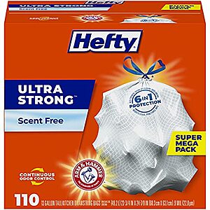 Hefty Ultra Strong Tall Kitchen Trash Bags, Unscented, 13 Gallon, 110 Count - $10.84 /w S&S - Amazon