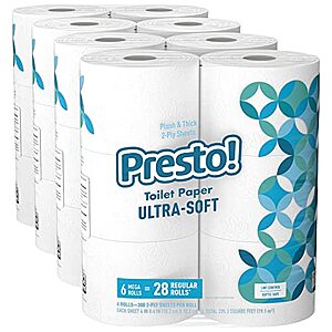 Amazon Brand - Presto! 308-Sheet Mega Roll Toilet Paper, Ultra-Soft, 6 Count (Pack of 4), 24 Mega Rolls = 112 regular rolls - $21.33 /w S&S + F/S - Amazon