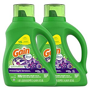 Gain + Aroma Boost Liquid Laundry Detergent, Moonlight Breeze Scent, 45 Loads, 65 fl oz, Pack of 2, HE Compatible - $10.35 /w S&S - Amazon