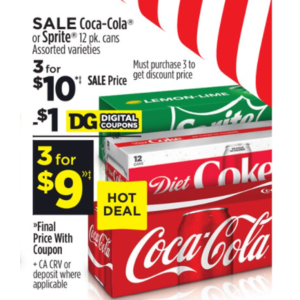 Dollar General in store,  Coca-Cola or Sprite 3 for $9 with $1 digital coupon