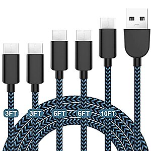5-Pack Fast Charging 3A USB-C to USB-A Cable Rapid Charger (3'/3'/6'/6/10') $5.50