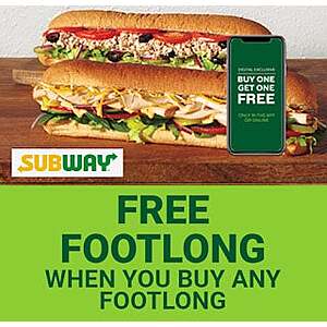 Select Subway Restaurants: Buy One Footlong Sub, Get One Footlong Sub Free With Coupon Code 'FREESUB'