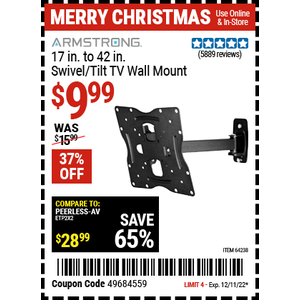 ARMSTRONG 17 In. To 42 In. Swivel/Tilt TV Wall Mount for $9.99 in Store Pickup @ Harbor Freight