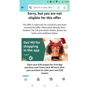 Select Amazon Accounts: $20 off $40+ via Amazon Shopping App for First Time (YMMV)