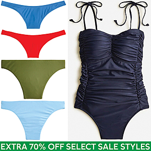 J. Crew Women's Swim: High-Rise Bikini Bottoms 1989 (L - select colors) $3, Cheeky $4.50 | One-Piece Ruched Tie-Shoulder $12 + FS