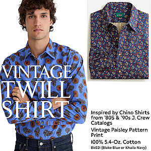 J. Crew Extra 75% Off Select Markdowns: Men's Vintage Twill Shirt (Paisley Print) $6.35 & More + Free S&H