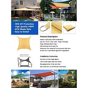 8' x 10' Sun Shade Sail Canopy For Patio, Pergola, Backyard, etc.  Amazon, Free Shipping with Prime $22.30 AC