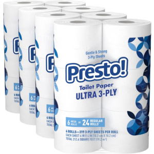 Prime Members: 72-Count 319-Sheet Presto! Mega Roll Ultra 3-Ply Toilet Paper $39.65 w/ S&S + Free S&H