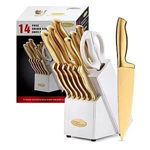 Knife Set-Marco Almond® MA21 Luxury Golden Kitchen Knife Set, Titanium Coated 14 Pieces Stainless Steel Hollow Handle Gold Kitchen Knife Set with Block by White Wash Finish $66.38