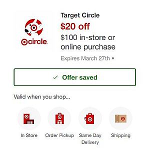 Target Circle: $20 off  $100 in-store or online purchase (YMMV)