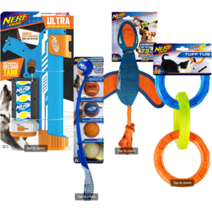 Nerf Dog Toys + $10 off $30: Ultra Blaster + 3-Ring TPR Tug + X-Weave Launching Duck + Air Strike Launcher Set $23 + free Pickup at Petco