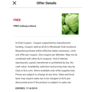 Free Iceburg Lettuce at BJ's Wholesale Club In-Store (Must Have Club Membership)