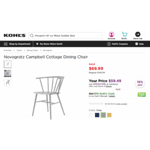 Furniture Lower than Amazon Kohl's Home Sale: Promo Code and Get Kohl's Cash $89.24