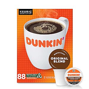 88-Count Dunkin' Medium Roast Coffee K-Cup Pods (Original Blend) $32.75 w/ Subscribe & Save + Free S/H