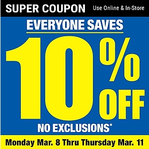 Harbor Freight : 10% off no exclusions, Monday Mar 8 - Thusday March 11 plus free gift