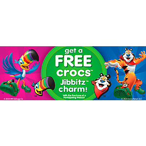 FREE Toucan Sam or Tony the Tiger Crocs Jibbitz Charm with Participating Kellogg's Product Purchase [4/1/24 - 12/31/24]