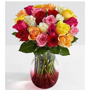 2-Dozen Colorful Roses w/ Red Ombre Vase  $21