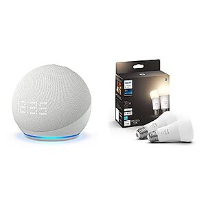 Echo Dot with Clock (5th Gen) + 2-Pack Philips Hue Smart Bulbs $40 + Free Shipping