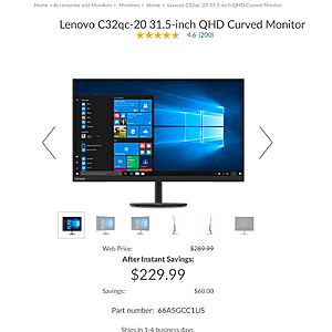 Lenovo C32qc-20 31.5-inch QHD Curved Monitor 75Hz $218.49+tax(cashback15%)