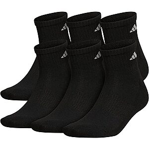 6-Pair adidas Men's Athletic Cushioned Quarter Socks: L or XL (Black/Aluminum) $11.75 & More