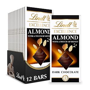 Lindt Chocolate Bar: 12-Pack 3.5-Oz Excellence Almond w/ A Touch of Honey Dark Chocolate $16, 10-Pack 3.5-Oz OatMilk Salted Caramel $12 + FS w/ Amazon Prime