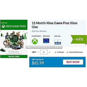 12 Month Xbox Game Pass $65.99