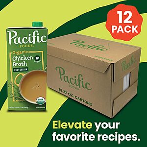 Amazon: Pacific Foods Low Sodium Organic Free Range Chicken Broth, 32 oz Carton (Case of 12) + FREE V8 +Energy 6 Pack (or other select $5 item AC) $20.67