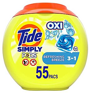 Tide Simply Pods + Oxi Laundry Detergent Soap Pods, Refreshing Breeze, 55 Count, 30 ounces - $8.82 /w S&S - Amazon