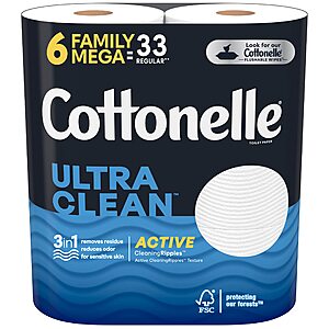 $7.67: Cottonelle Ultra Clean Toilet Paper with Active CleaningRipples Texture (6 Family Mega Rolls = 33 Regular Rolls)