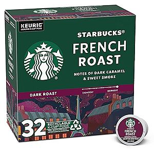 $13.29 /w S&S: Starbucks Dark Roast K-Cup Coffee Pods — French Roast for Keurig Brewers — 1 box (32 pods)