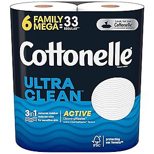 $7.67: Cottonelle Ultra Clean Toilet Paper with Active CleaningRipples Texture, Strong Bath Tissue, 6 Family Mega Rolls