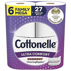 $7.67: Cottonelle Ultra Comfort Toilet Paper with Cushiony CleaningRipples Texture, Strong Bath Tissue, 6 Family Mega Rolls