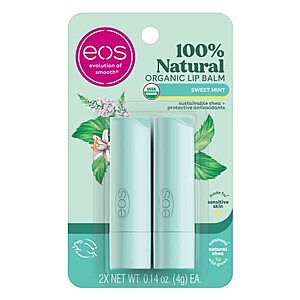 $3.10 w/ S&S: eos 100% Natural & Organic Lip Balm Sticks, Sweet Mint, 0.14 oz, 2-Pack