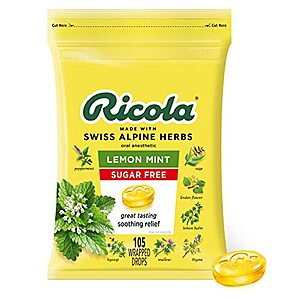 $7.90: Ricola Sugar Free Lemon Mint Herbal Cough Suppressant Throat Drops, 105ct Bag