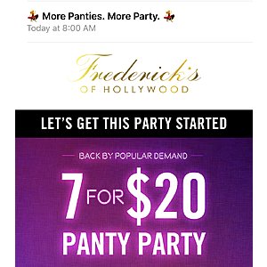Fredericks of Hollywood - Panty Party 7 for $20 + 20% off Coupon FS $75+