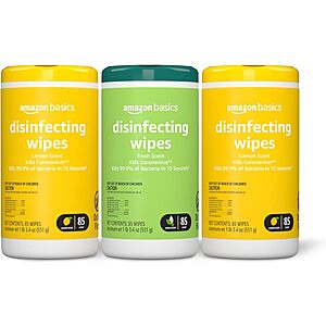 Amazon Basics Disinfecting Wipes, Lemon & Fresh Scent 255 Count (3 Packs of 85) (Previously Solimo) (Packaging May Vary) - $7.99