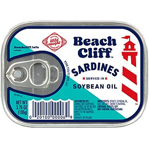 3.75-Oz Beach Cliff Wild Caught Sardines in Soybean Oil $0.74 w/ S&S + Free Shipping w/ Prime or on $35+