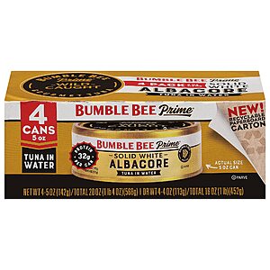 4-Pack 5-Oz Bumble Bee Prime Premium Solid White Albacore Tuna in Water $4.80 w/ S&S + Free S&H w/ Prime or $35+