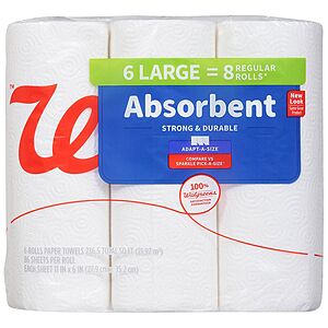 12 Large Rolls Walgreens Absorbent Paper Towels ( = 16 Regular Rolls) $6.75 + Free Store Pickup on $10+