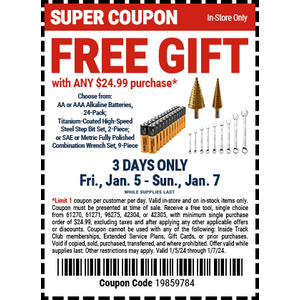 Harbor Freight: Gift (AA or AAA Batteries, 2-pc Step Bit Set or 9-pc Wrench Set) Free w/ Any $25+ Purchase (Jan 5th - 7th)